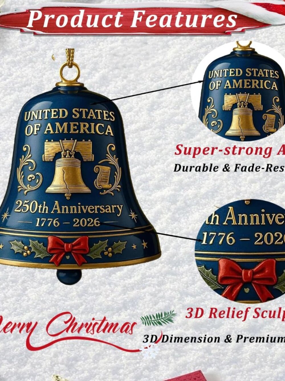 250th Anniversary Bell Ornament,Vintage 250th Anniversary Ornament,3D Red and Go - Picture 5 of 9